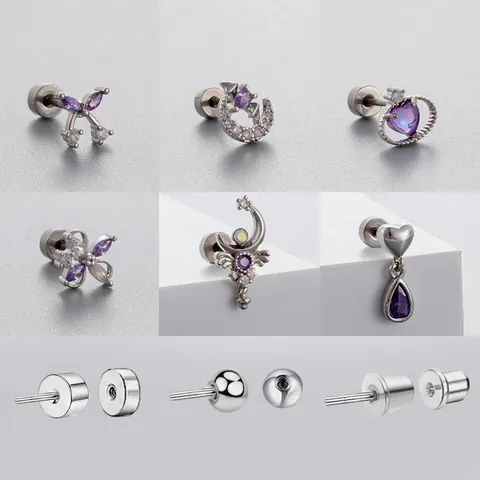Purple Zircon Heart Moon Flower Butterfly Titanium Steel Ear Studs For Women Screw Back Helix Piercing Jewelry Aesthetic Sweet