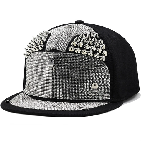 Καπέλο Μπέιζμπολ Με Στρας Και Πριτσίνια Punk Style Επίπεδο Γείσο Ρυθμιζόμενο Heavy Metal Hip Hop Snapback