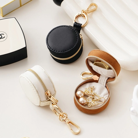 Portable Mini Round Jewelry Box PU Leather Storage Case With Metal Hook For Earrings Rings Travel Bag Pendant Organizer