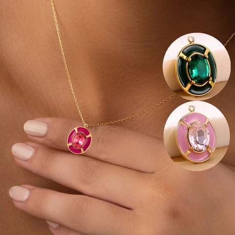 Oval Pendant Necklace Stainless Steel Zircon Colorful Enamel Vintage Elegant DIY Jewelry For Women