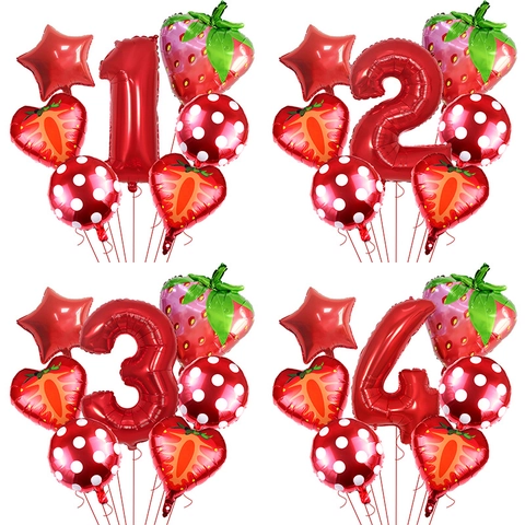 Strawberry Fruit Theme Birthday Party Balloon Kit With Red Number Foil Balloons Polka Dot Balloons For Kids Decor