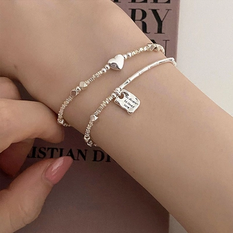 Heart Square Plate Charm Bracelet 925 Sterling Silver Beaded Double Layer Jewelry For Women Girls Fashion Elegant Gift