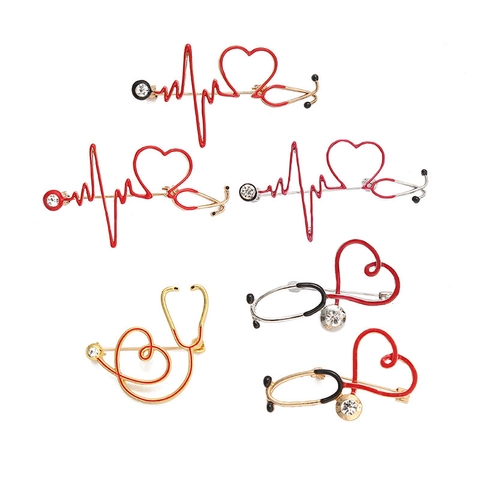 Spilla Stetoscopio Medico ECG Cuore Pin Lega Smalto Strass Infermiera Medico Regalo Gioielli