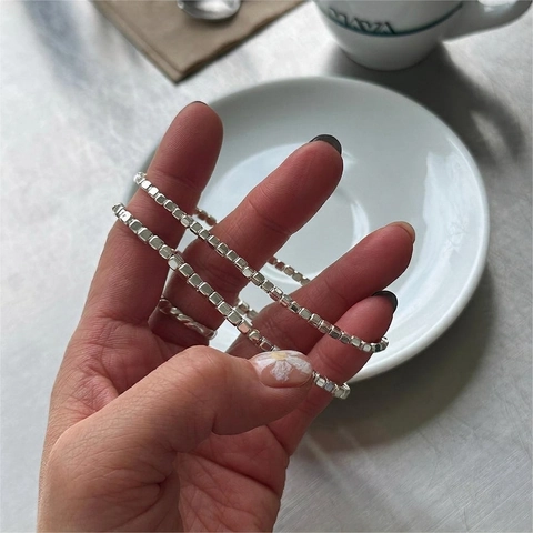 925 Sterling Silver Beaded Bracelet Dainty Square Cube Beads Minimalist Versatile Korean Style Jewelry For Women