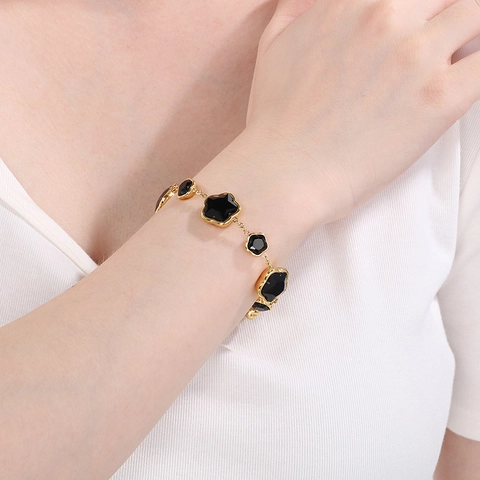 Pulsera Trébol Pendientes Largos Pendientes Botón Acero Inoxidable Joyería Cristal Negro Flor Accesorio Moda Para Mujeres