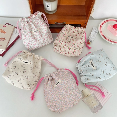Drawstring Storage Bag Floral Pattern Cloth Portable Makeup Organizer Travel Sundries Pouch Korean Style For Women