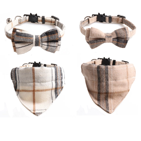 British Plaid Pet Collar And Bandana Cotton Adjustable Quick Release Buckle With Bell For Cats Small Dogs Checkered