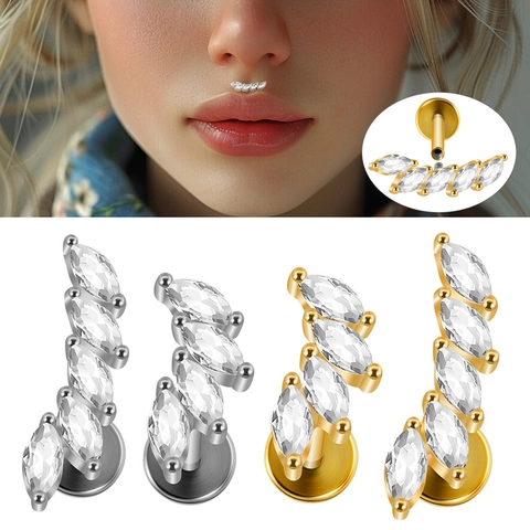 Stud de Lèvre Labret en Acier Inoxydable Arc Marquise Zirconia Or Argent Piercing Lèvre Filetage Interne Boucle d'Oreille