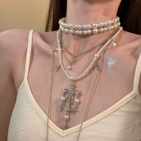 Collana Multistrato Perla Artificial Sintetica Lega Strass Cristallo Ciondolo Croce Stile Francese Vintage Elegante Lusso Per Donna