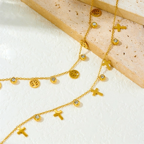 Cavigliera Albero Della Vita Croce Pendente Acciaio Inossidabile Strass Catena Regolabile Gioielli Moda Donna