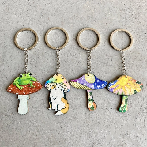 Portachiavi in Legno di Fungo Colorato Anello in Lega Gatto Rana Cartone Animato Illustrazione Ciondolo Zaino Accessori Anime Regalo per Studenti