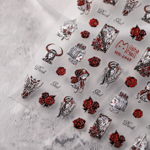Damen Gotik Dunkles Mädchen Nagelkunst Aufkleber 3D Prägung Matt Rote Rose Anime Design Selbstklebend Für Halloween Party Alltag Dekoration