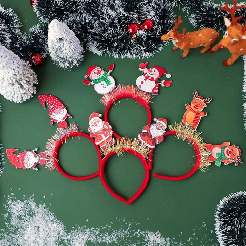 Christmas Headbands With Santa Snowman Reindeer Cartoon Figures Tinsel Velvet Party Hair Accessories Festive Decor Adult Kids