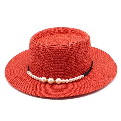 Cappello Di Paglia Boater Donna Nastro Perla Artificial Cupola Piatta Estate Spiaggia Protezione Solare Elegante Viaggio Accessorio