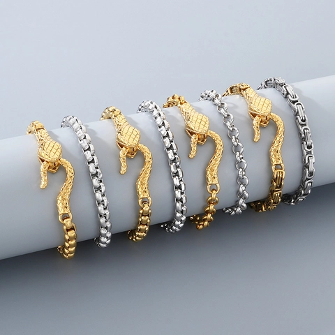 Roestvrijstalen Armband Met Slangenkop Sluiting Hip Hop Punk Stijl Byzantijnse Box Ketting Sieraden Voor Heren
