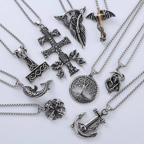 Collana Con Ciondolo Gotico Vintage In Acciaio Inossidabile 304 Hip Hop Punk Tristo Mietitore Croce Ancora Gioielli Uomo