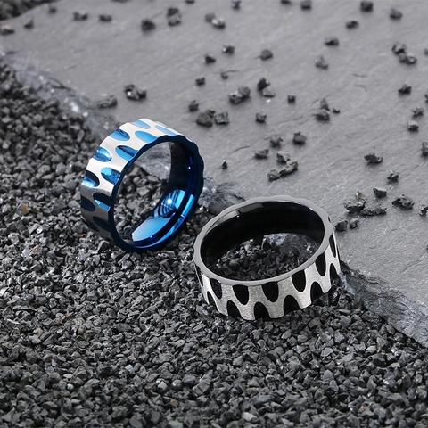 Bague Homme Acier Inoxydable Motif Vague Texture Ondulée Placage Sous Vide Bijoux De Style Industriel