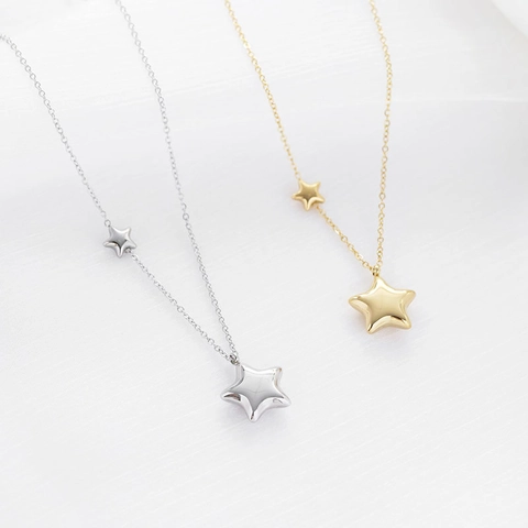 Collana Con Pendente Doppia Stella Pentagramma Acciaio Inossidabile Placcato Oro 14K Lucido Minimalista Gioielli Donna