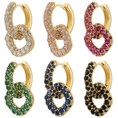 Orecchini A Cerchio A Doppio Cerchio Incastrati Rame Placcato Oro 18K Zirconia Cubica Colorata Gioielli Da Donna