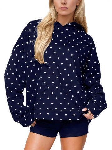 Polka Dot Print Hooded Sweatshirt Women Loose Fit Long Sleeve Kangaroo Pocket Casual Pullover Polyester Hoodie
