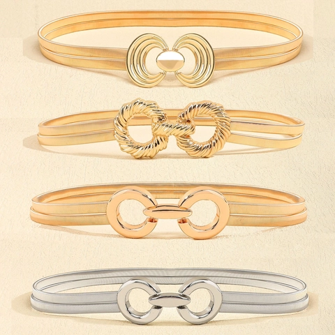 Cintura da Donna alla Moda in Metallo Elastico a Catena Oro Argento a Molla Decorativa Fibbia Geometrica Accessorio