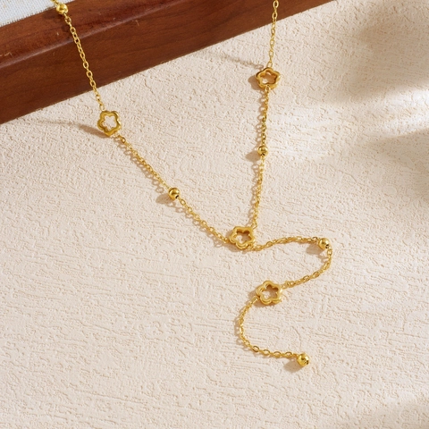Collana Lariat A Forma Di Y Acciaio Inossidabile Placcato Oro Pendenti Fiori Traforati Perline Metallo Gioielli Quotidiani