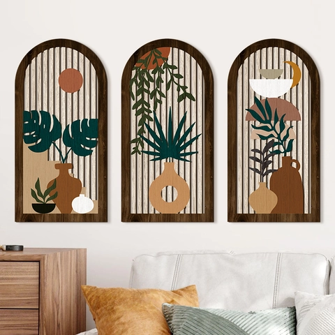 Arched Wood Wall Decor Plaques Poplar Wood Hollow Design Botanical Geometric Patterns Boho Style Living Room Home Art