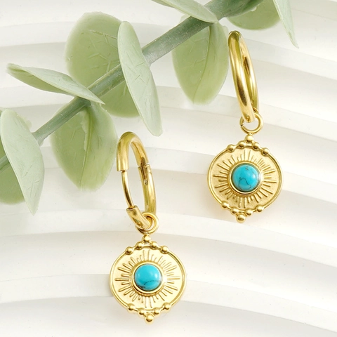 Créoles Vintage Bohème En Acier Inoxydable Avec Turquoise Bleue Ronde Motif Soleil Rayonnant Bijoux Dorés Pour Femmes