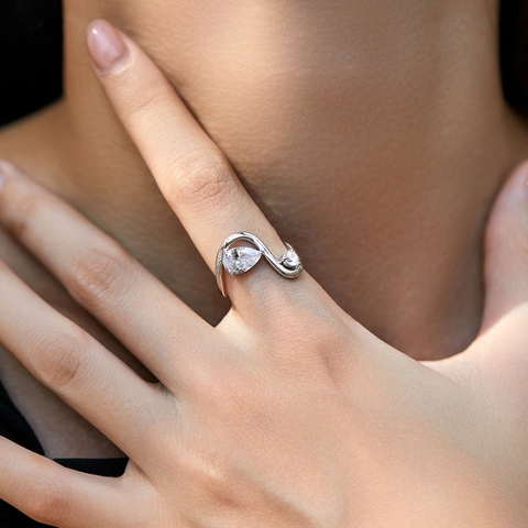 925 Sterling Silver Ring For Women Shiny Pear Round Zircon S Shaped Wave Double Stone Minimalist Elegant Jewelry Gift