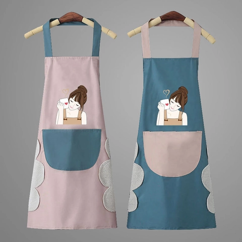 Grembiule Da Cucina Impermeabile PVC Resistente All'olio Asciugamani Tasca Grande Cartone Animato Ragazza Cucina Per Donne