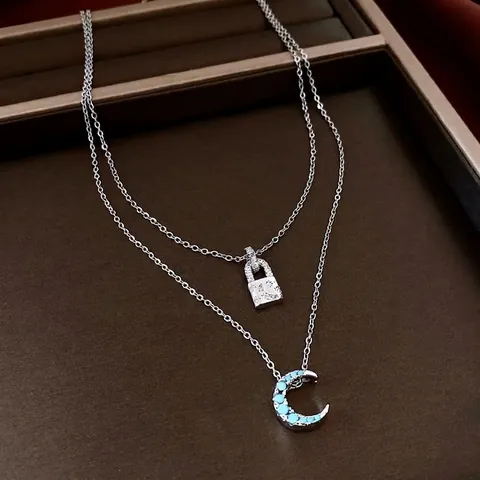 Double Layer Necklace Copper Zircon Lock Moon Pendant Star Engraved Clavicle Chain Jewelry For Women