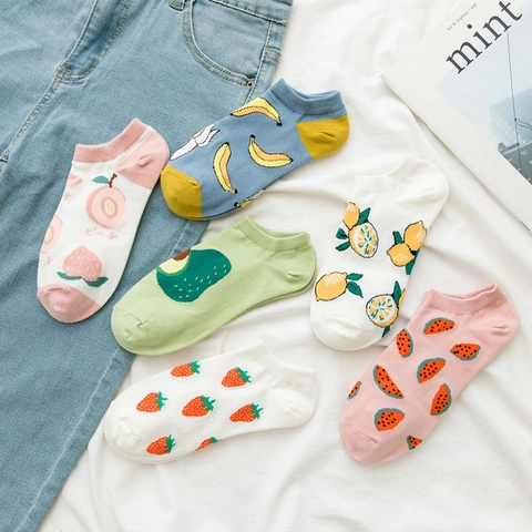 Calcetines De Algodón Para Mujer Con Patrón De Frutas Lindos Calcetines Cortos Transpirables Estilo Japonés Casuales
