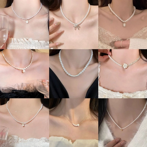 Collar De Perlas Artificiales Sintéticas Elegante Para Mujer Moda Aleación Bañado En Oro Lazo Flor Corazón Colgante Joyería