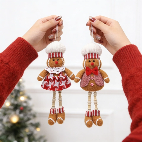Ornamenti Sospesi Peluche Omino Pan Zenzero Natale Tessuto Con Gambe Lunghe Perle Legno Decorazione Albero Chef