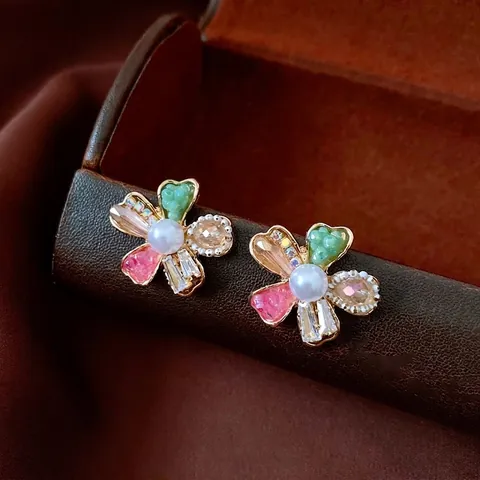 Pendientes De Botón De Flor De Cristal De Colores Con Poste De Plata Perla Artificial De Imitación Estilo Francés Vintage Para Mujer