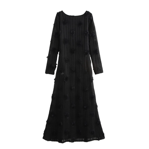 Elegant Black Maxi Dress With 3D Rose Flower Appliques Long Sleeve Mesh Textured Knit High Waist Sexy Evening Gown Women