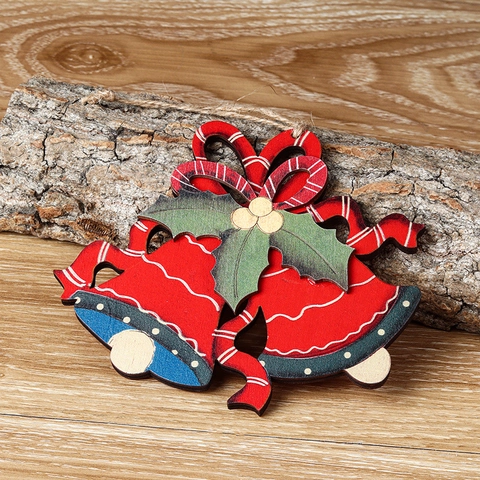 Decorazioni Da Appendere In Legno Per Albero Di Natale Forma Di Campana E Bastoncino Di Zucchero Con Fiocco Rosso
