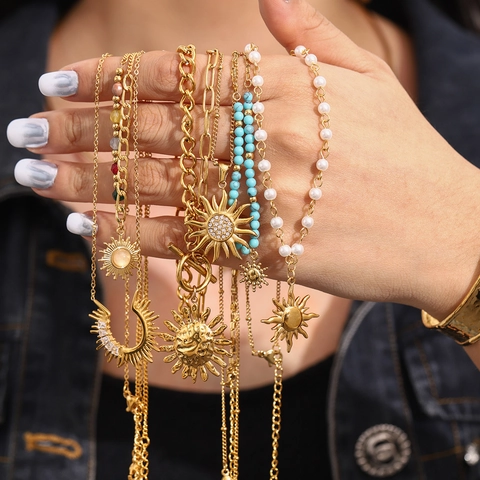 Sun Pendant Necklace Stainless Steel 18K Gold Plated Turquoise Beaded Faux Artificial Pearl Vintage Bohemian Waterproof Jewelry