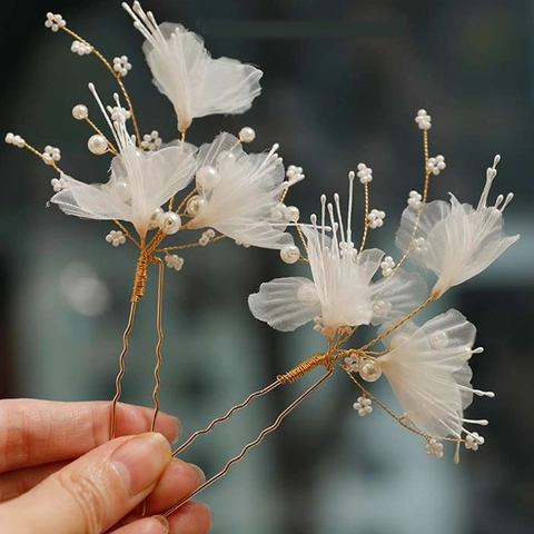Bridal Hair Stick Handmade Fabric Flower Artificial Pearl Wedding Accessories Elegant U-Shaped Hairpin For Women Party Jewelry