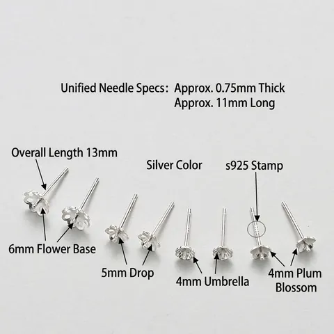 925 Sterling Silver Earring Post Findings Floral Tray Cup Pin Settings DIY Jewelry Making Handmade Component