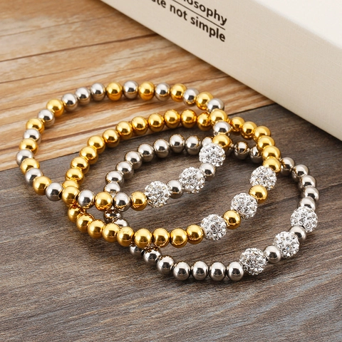 Pulsera De Cuentas De Acero Inoxidable Para Mujer Zircón Bola De Disco Elástica Hecha A Mano Joyería