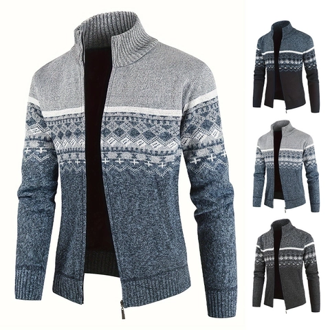 Cardigan In Maglia Da Uomo Con Cerniera Foderato In Pile Collo Alto Jacquard Geometrico Inverno Caldo Slim Fit Maglieria
