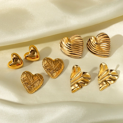 Heart Stud Earrings 18K Gold Plated Stainless Steel Rippled Texture Smooth Surface Retro INS Style For Women