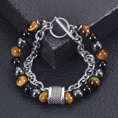 Natural Tiger Eye Amethyst Hematite Stainless Steel Beaded Chain Bracelet OT Buckle Double Layer Men Unisex Jewelry