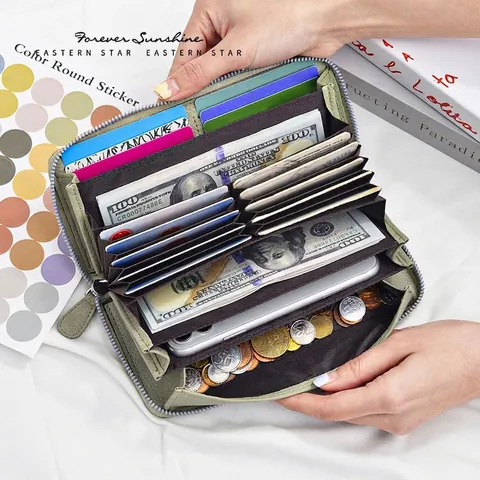 Portafoglio Lungo Con Cerniera Donna Pelle PU Motivo Litchi Grande Capacità Pochette Per Telefono Scomparti Colore Solido Semplice