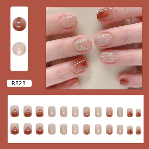 Ψεύτικα Νύχια Amber Brown Marble Glitter Glossy Short Square Oval Τεχνητά Νύχια Για Γυναίκες