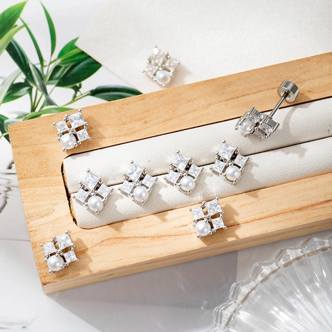 French Retro Geometric Square Cubic Zirconia Faux Artificial Pearl Ear Cartilage Stud Helix Tragus Screw Back Piercing Jewelry