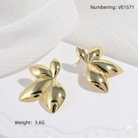 Orecchini a Bottone a Foglia in Ottone Minimalisti Placcati Oro 18K Forma di Foglia Lucida Gioielli Vintage Eleganti Donna