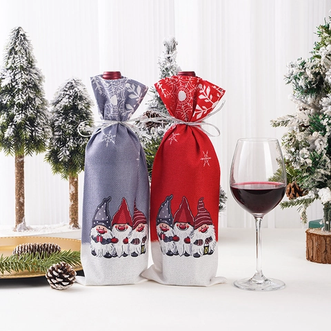 Christmas Gnome Wine Bottle Cover Fabric Reusable Snowflake Print Wine Bottle Bag For Holiday Table Decoration Party Gift