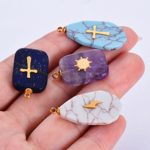 Natural Stone Pendants Stainless Steel Inlaid Cross Sun Lightning Motifs For DIY Jewelry Making